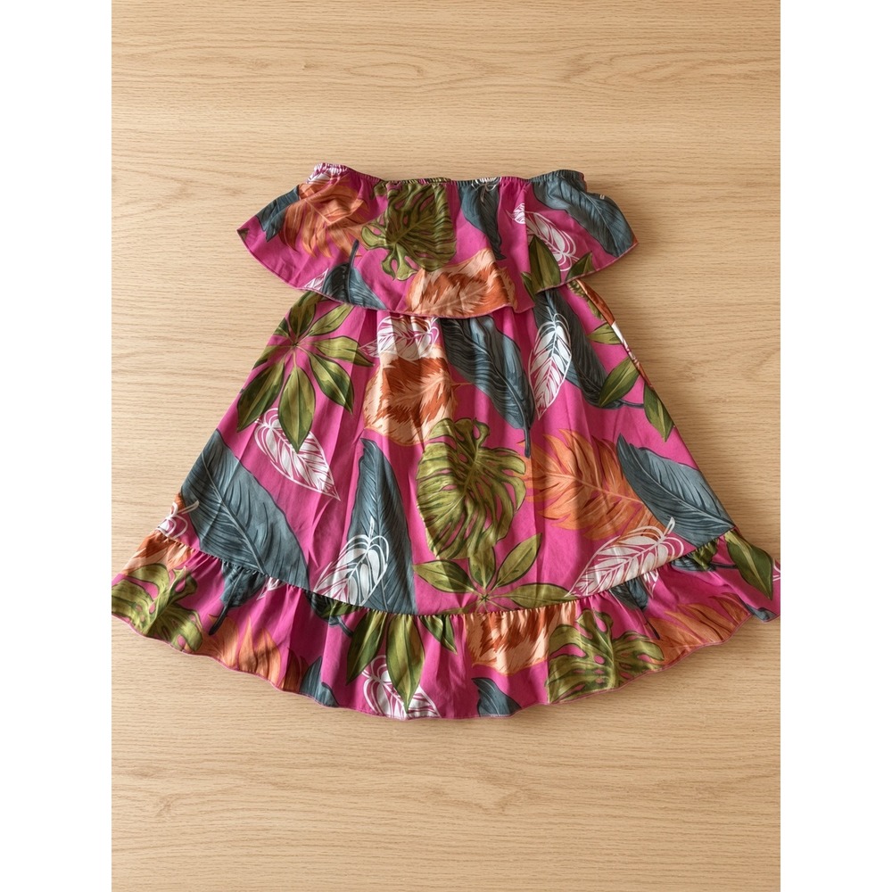 Pink Tropical Leaf Print Strapless Ruffle High Low Beach Dress Summer Luau